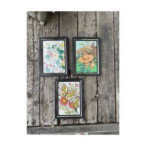 70s Colored Sketches on Felt Set of 3 Framed Nature Mushrooms Butterflies Flower